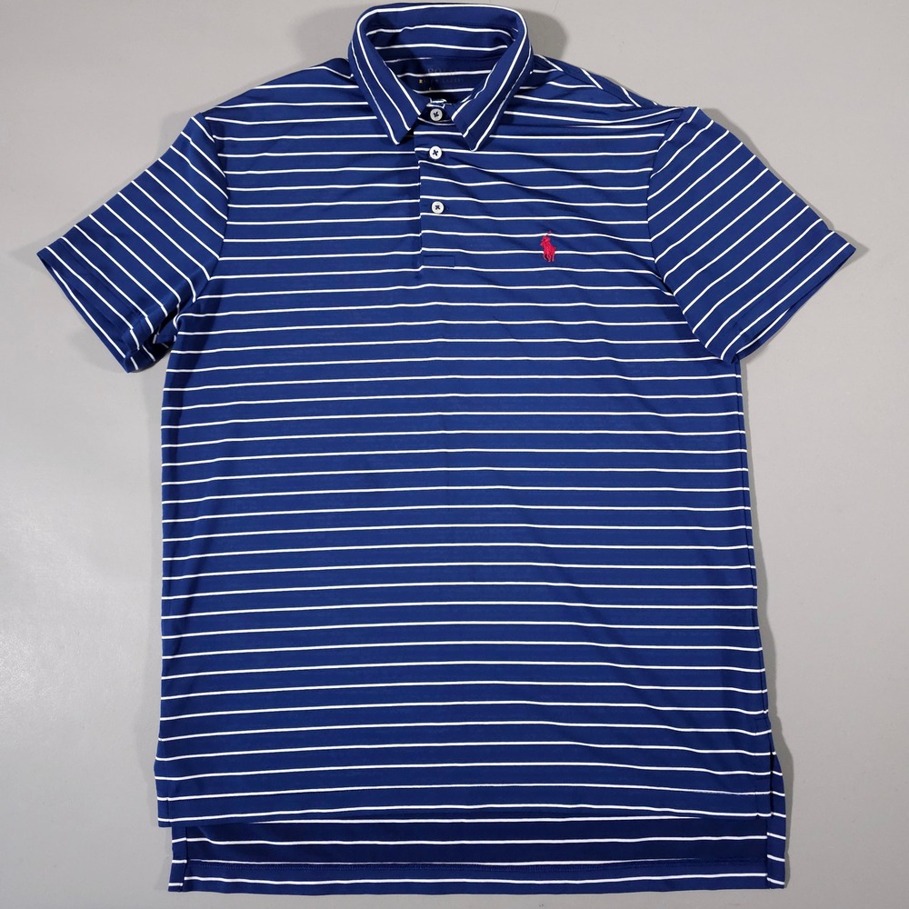 Polo Ralph Lauren Polo Shirt Mens Medium Blue Striped Performance Short Sleeve